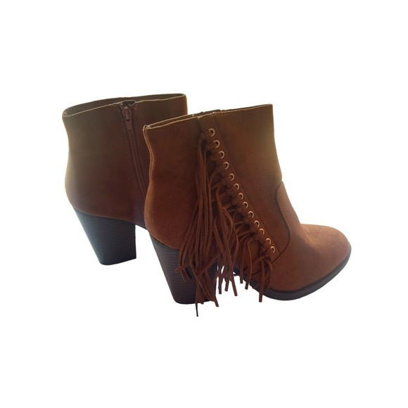 New Women Soda Dimple Cognac Suede Round Toe Fringe Western Ankle Bootie Size 10 - Picture 6 of 8